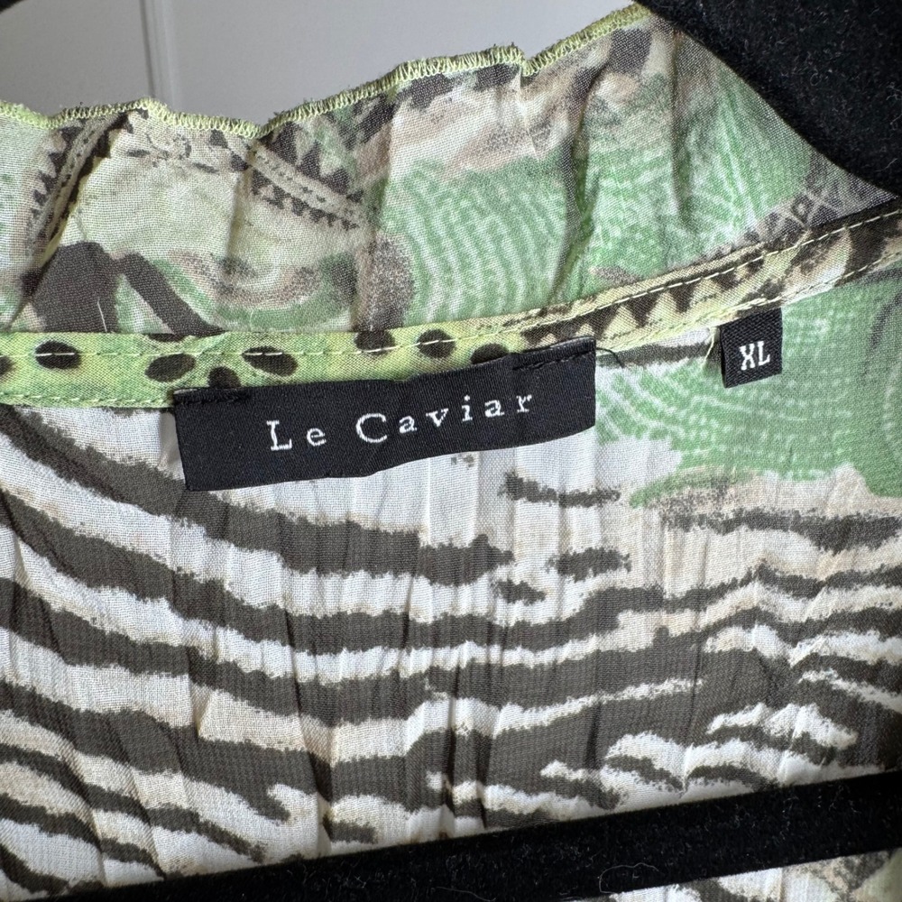 Y2K Le Caviar Womens XL Green Mixed Abstract Zebra Print Ruffle V-Neck Top - Picture 5 of 6
